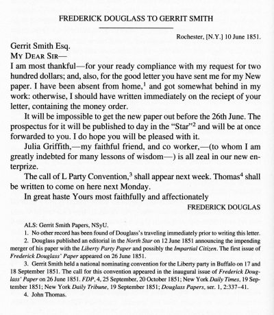 Letter from Frederick Douglass to Gerrit Smith June 1851